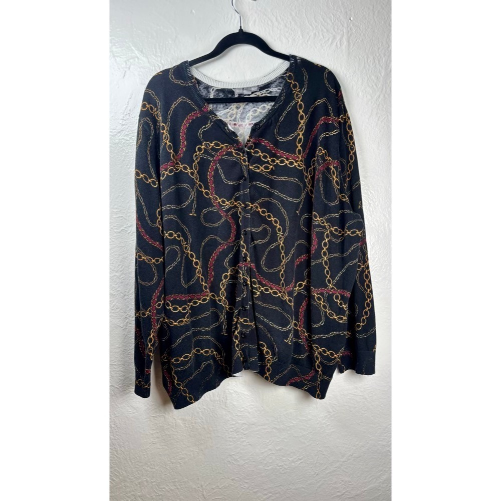 Jessica London Cardigan Women 4X Black Gold Chain Cotton Mob Wife Equestrian